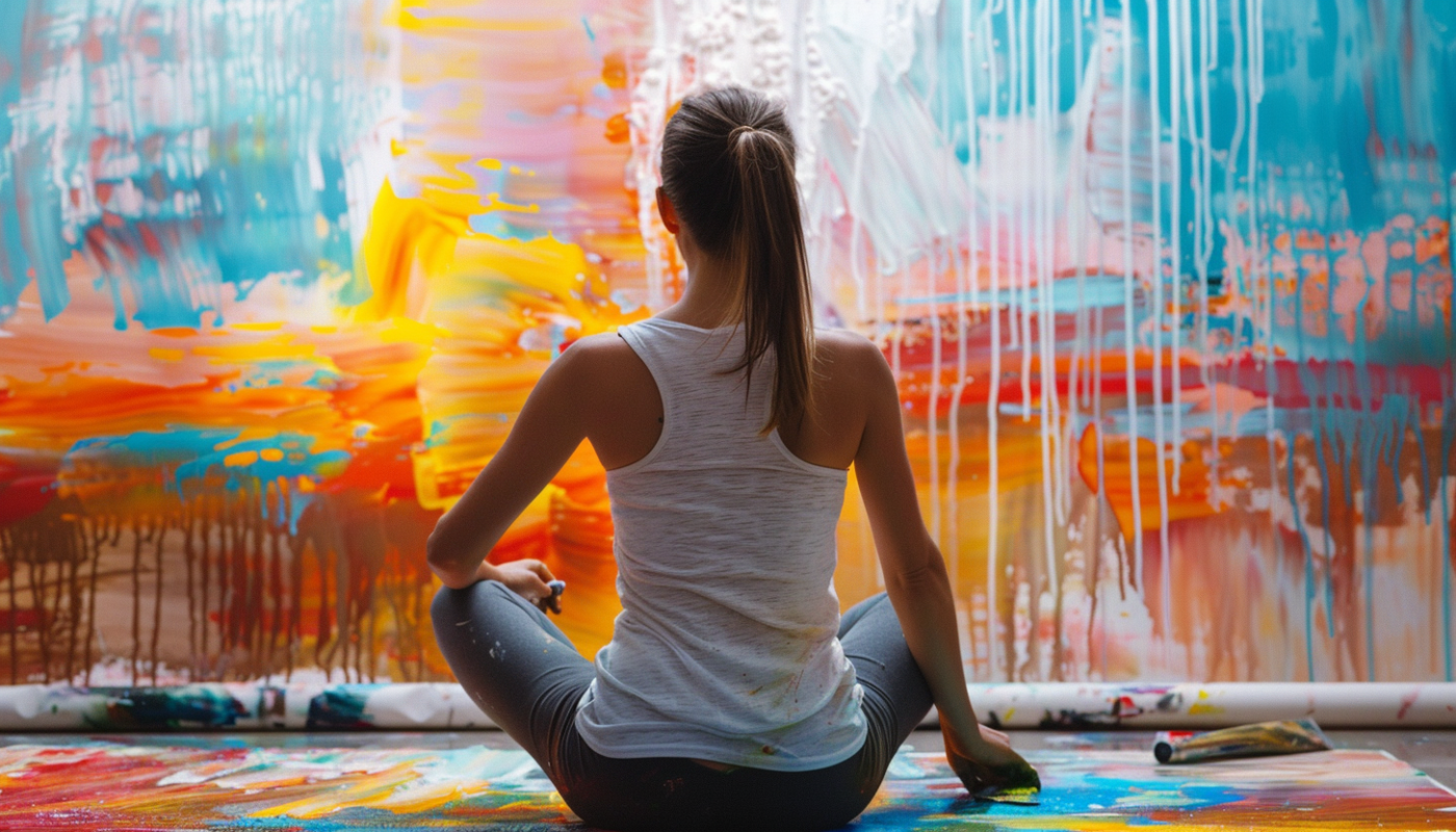 Woman sitting in front of abstract painting