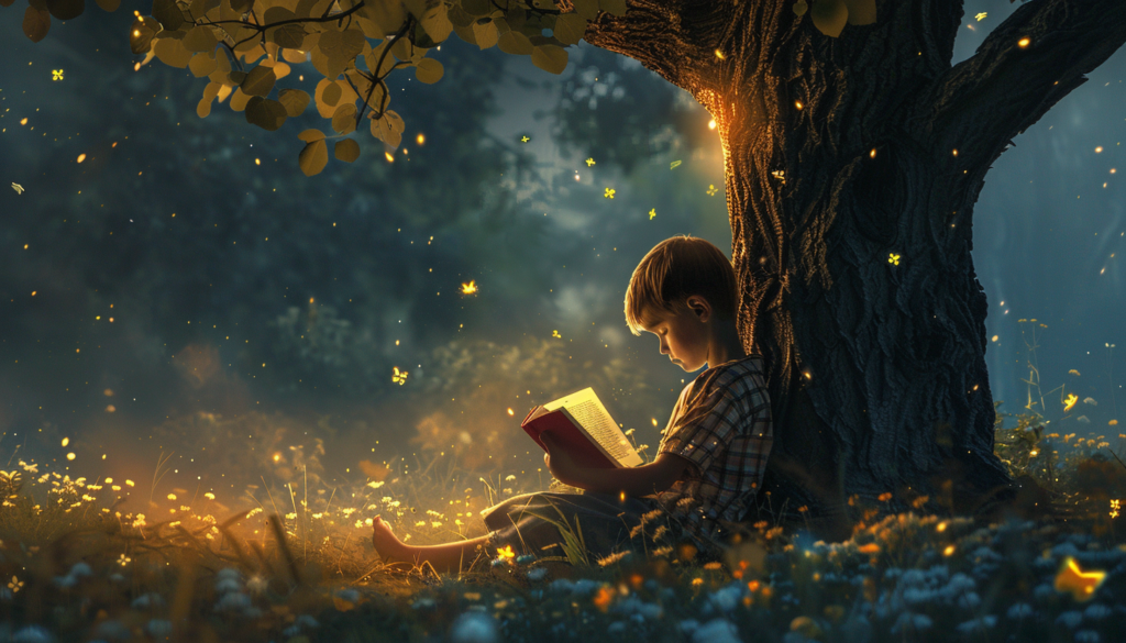Boy reading book under tree