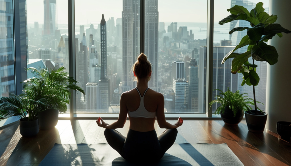 Woman doing yoga in front of city window