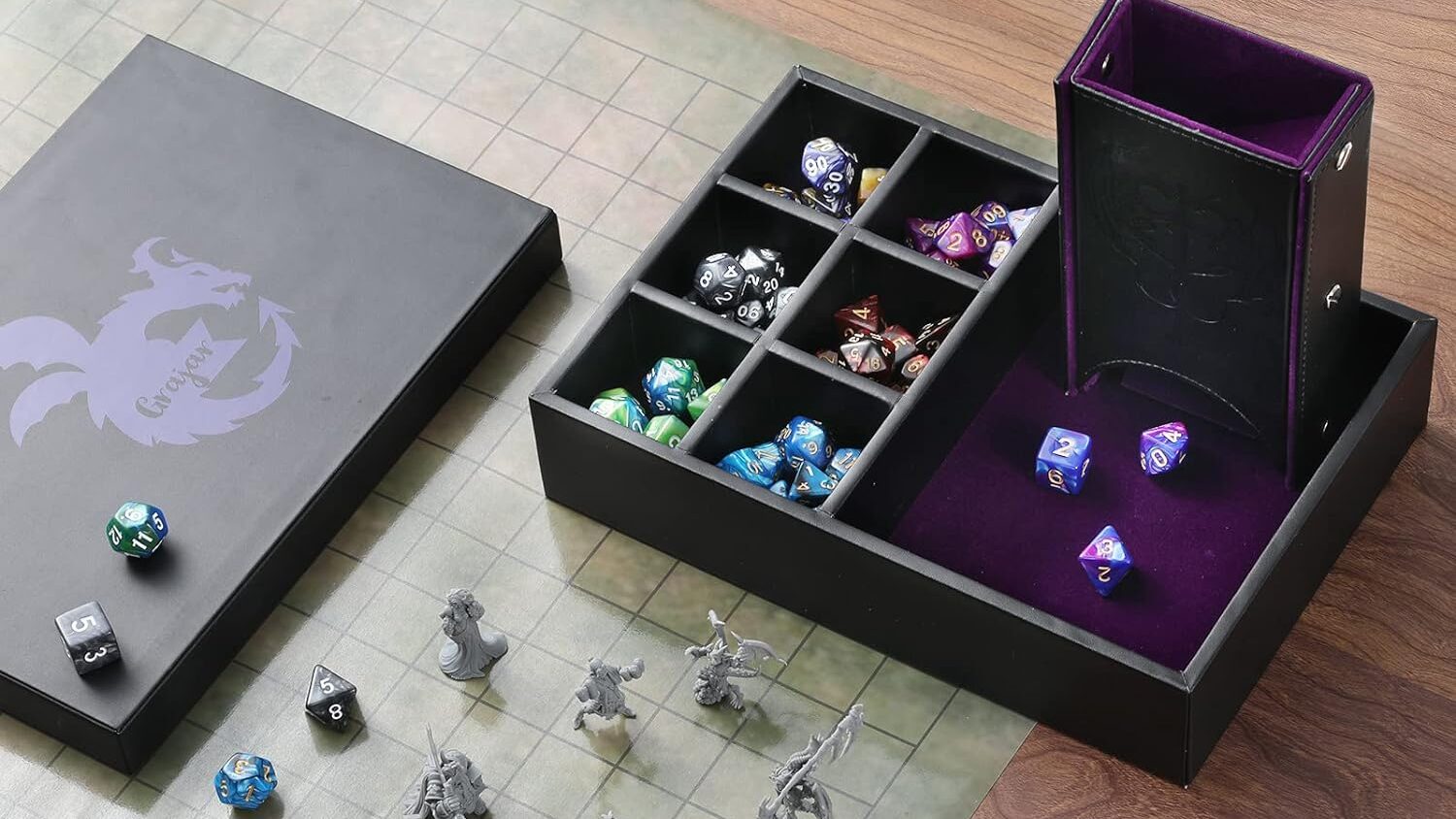 Grajar Dice Tray and Tower - Purple felt with dice and miniatures shown during gameplay