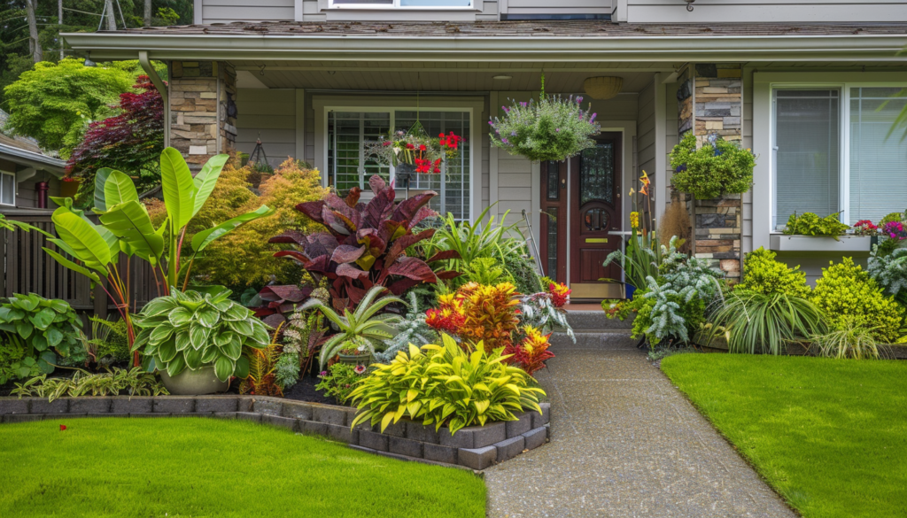 House with diverse garden in front yard