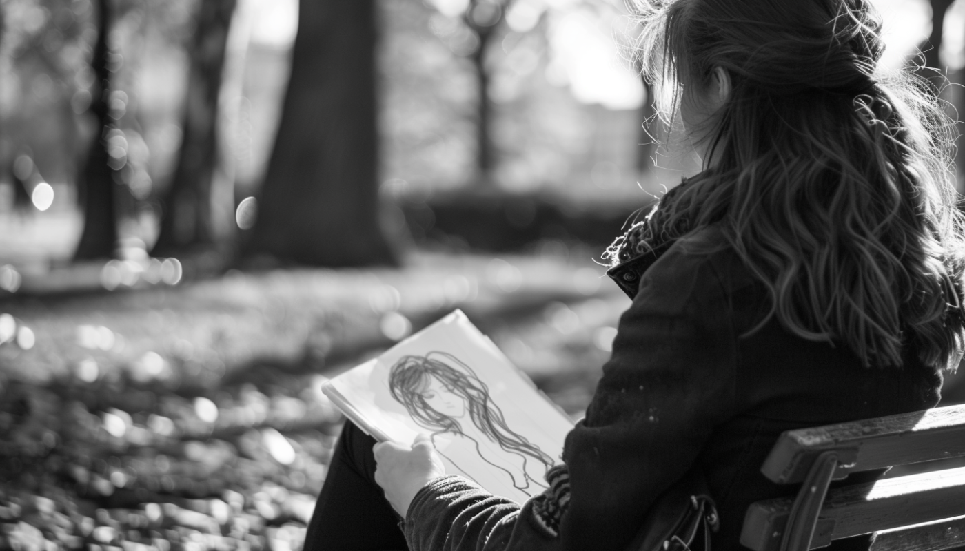 Grayscale image of a person drawing in the woods