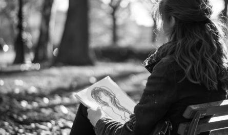 Grayscale image of a person drawing in the woods